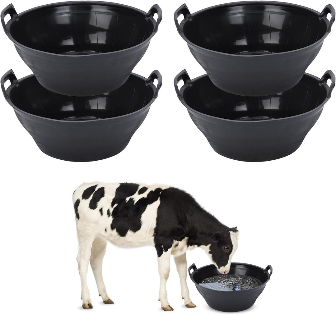4Pcs Rubber Feed Pan, 12.8 Quart Large Horse Feed Bucket, Heavy Duty Rubber Water Bowl Chicken Dust Bath Livestock Water Bowl for Pig Goat Chicken Dogs Farm Small Animal