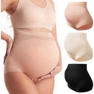 Momcozy Women's Maternity High Waist Underwear Pregnancy Soft Seamless Maternity Underwear Over Bump (Medium, Black,almond,oyster Pink-3pk)