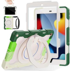 ROISKIN for iPad 10.2 Case 9th 8th 7th Generation with Screen Protector [15ft Drop Protection], 360 Rotating Kickstand Shoulder Strap Hand Grip Pencil Holder Kids Case for iPad 10.2 inch Case (Green)