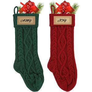 Oeyliz Personalized Christmas Stocking with Leather Patches 18 Inches Custom Name Large Family Christmas Stocking Knitted Stocking 2 Pack Christmas Stocking Set Christmas Decorations (Red+Green)