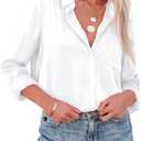 Aoudery Button Down Shirts for Women Long Sleeve Collared Blouses V Neck Work Business Office Tunic Chiffon Tops (White, L)