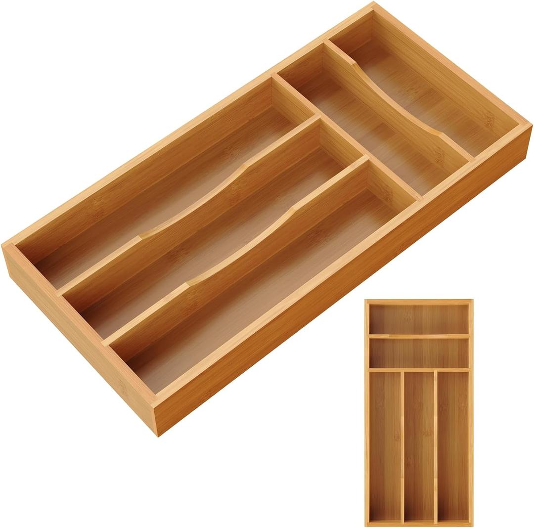 Small Silverware Organizer, Bamboo Kitchen Drawer Cutlery Organizer, Utensil Holder, Flatware Organizer Tray (13.9"x6.7"x1.6")