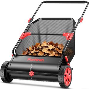 Push Lawn Sweeper, 26 Inch Leaf & Grass Collector, Strong Rubber Wheels & Heavy Duty Thickened Steel Durable to Use with Large Capacity 7 ft Mesh Collection Bag, 4 Spinning Brushes