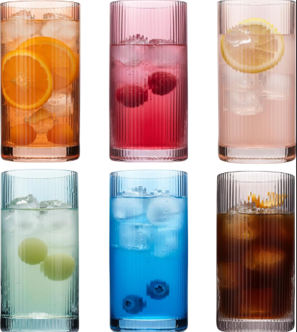 Physkoa Colored Ribbed Drinking Glasses Set of 6 - Vintage Highball Glasses Colorful,Embossed Ribbed Design Tumbler Glass for Cocktail,Juice,Mixed Drinks,Water,Holiday Party Supplies Gifts