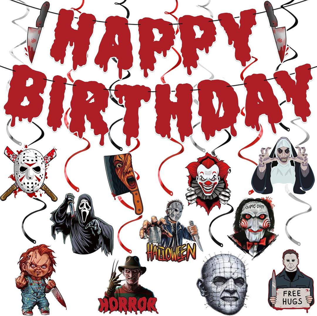 Hallowen Horror Birthday Decorations Set with Killer Happy Birthday Hallowen Banner and Hanging Swirls for Halloween Horror Have A Killer Birthdays Theme Party Decorations