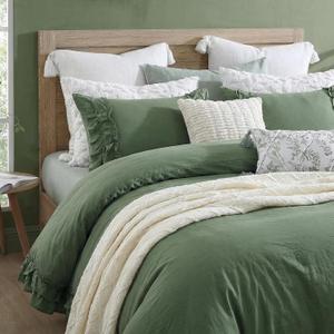 Bedorm Olive Green Comforter Set King Ruffled Bedding Comforter Dark Green Ruffle Fringe Decor Shabby Chic Bedding Super Soft Cozy Farmhouse Country Quilt Comforter