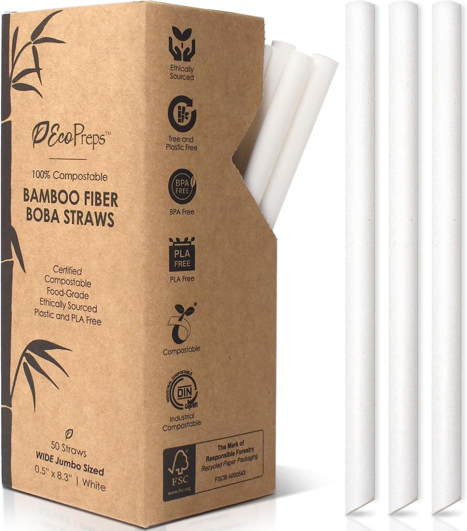 Biodegradable Jumbo Smoothie Straws, Bamboo Fiber Boba Straws - 50 PCS, Extra Wide, 100% Compostable, Plastic-Free, Eco-Friendly Large Wide-Mouthed Straw - 8.25" Long Bamboo Disposable Straw