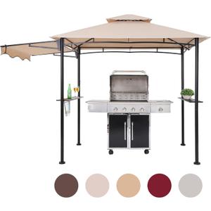 FAB BASED 5x8 Grill Gazebo with Extra Awning, All-Weather Steel Construction, Double Tiered & Resistant Canopy Roof, Metal Serving Shelves, 2 LED, Bottle Opener for Patio, Backyard, BBQ (Beige)