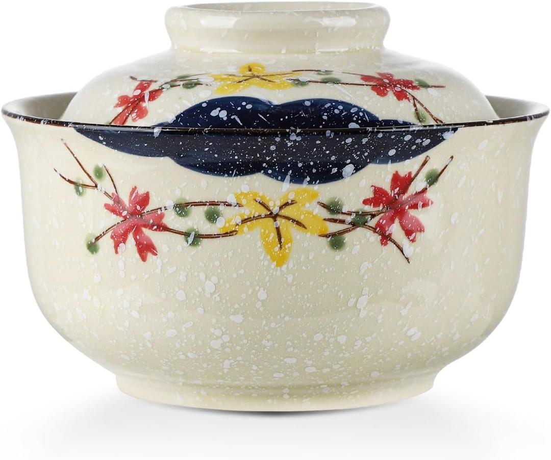 VanEnjoy Microwavable Ramen Bowl with Lid, 25 Oz Japanese Bowl Big Ceramic Japanese Soup Bowl with Lid, Korean Clay Pot - floral