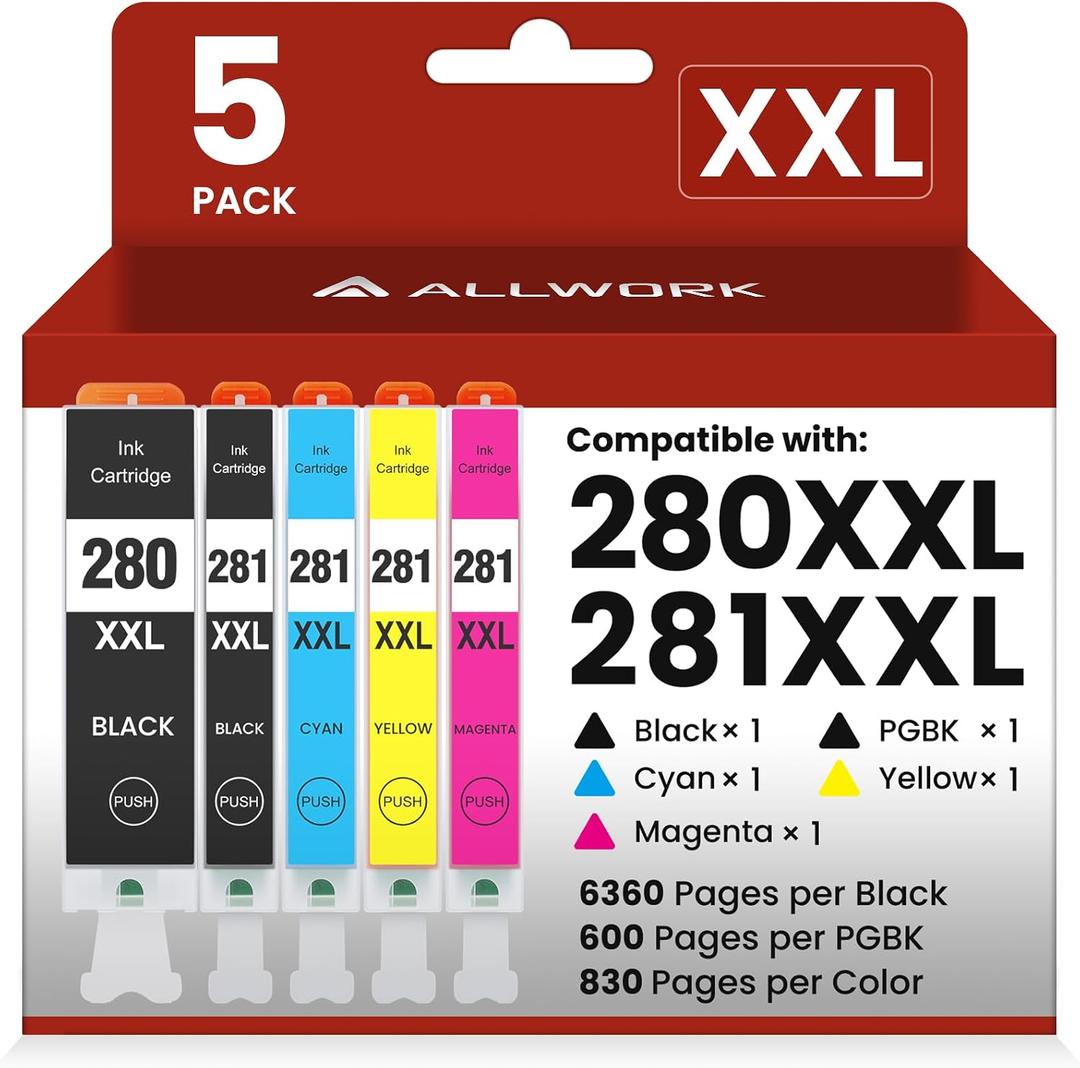 ALLWORK 280XXL 281XXL Compatible Replacement for Canon 280 281 TR8620a Ink Cartridges PGI-280XXL CLI-281XXL 280 XXL 281 XXL Compatible with TR8620 TS702a TS9521C TR8520 TS6220 TS6320 TS8220 5-Pack