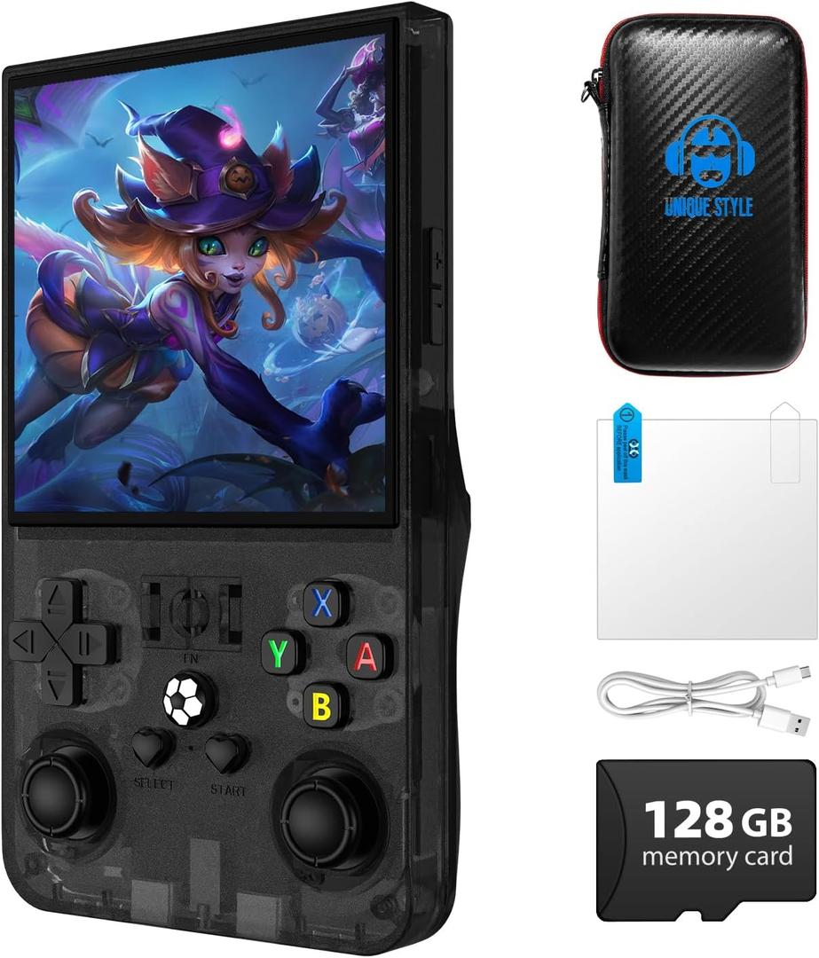 R36MAX Retro Game Console, 4.0 inch Retro Gaming Console with 128GB Memory, Video Game Consoles with 4000mAh Battery and 30+ Emulators, Charcoal Black