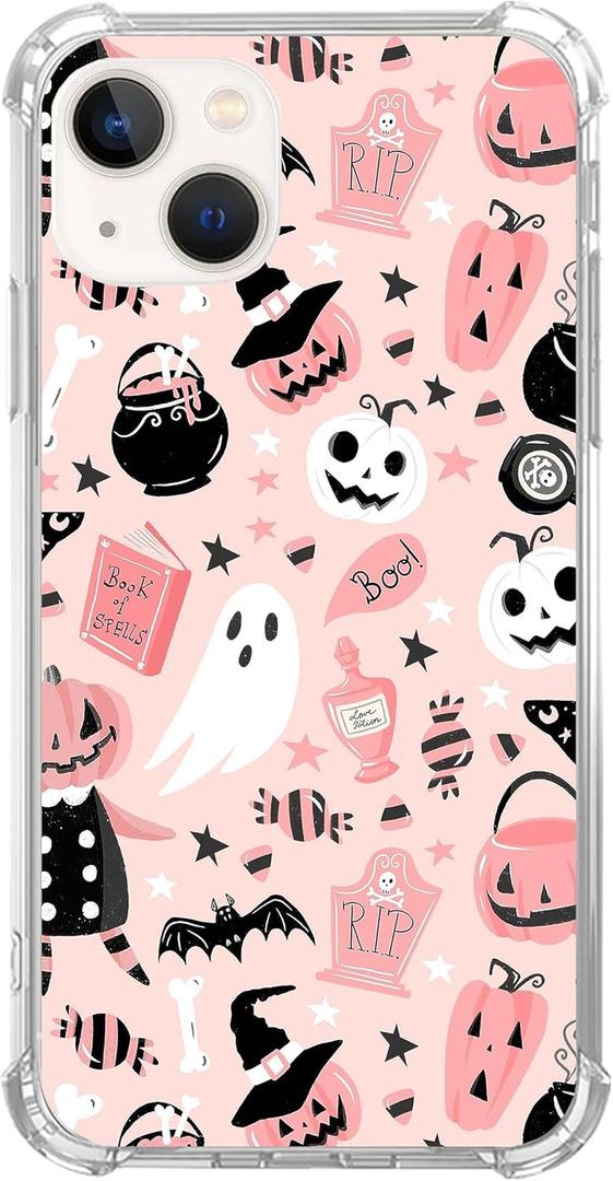 Hagkou Pink Halloween Pumpkin Ghost Case Compatible with iPhone 13, Witchy Pumpkin Halloween Boo Cover for iPhone 13, Cool Cute TPU Bumper Phone Case Cover for iPhone 13
