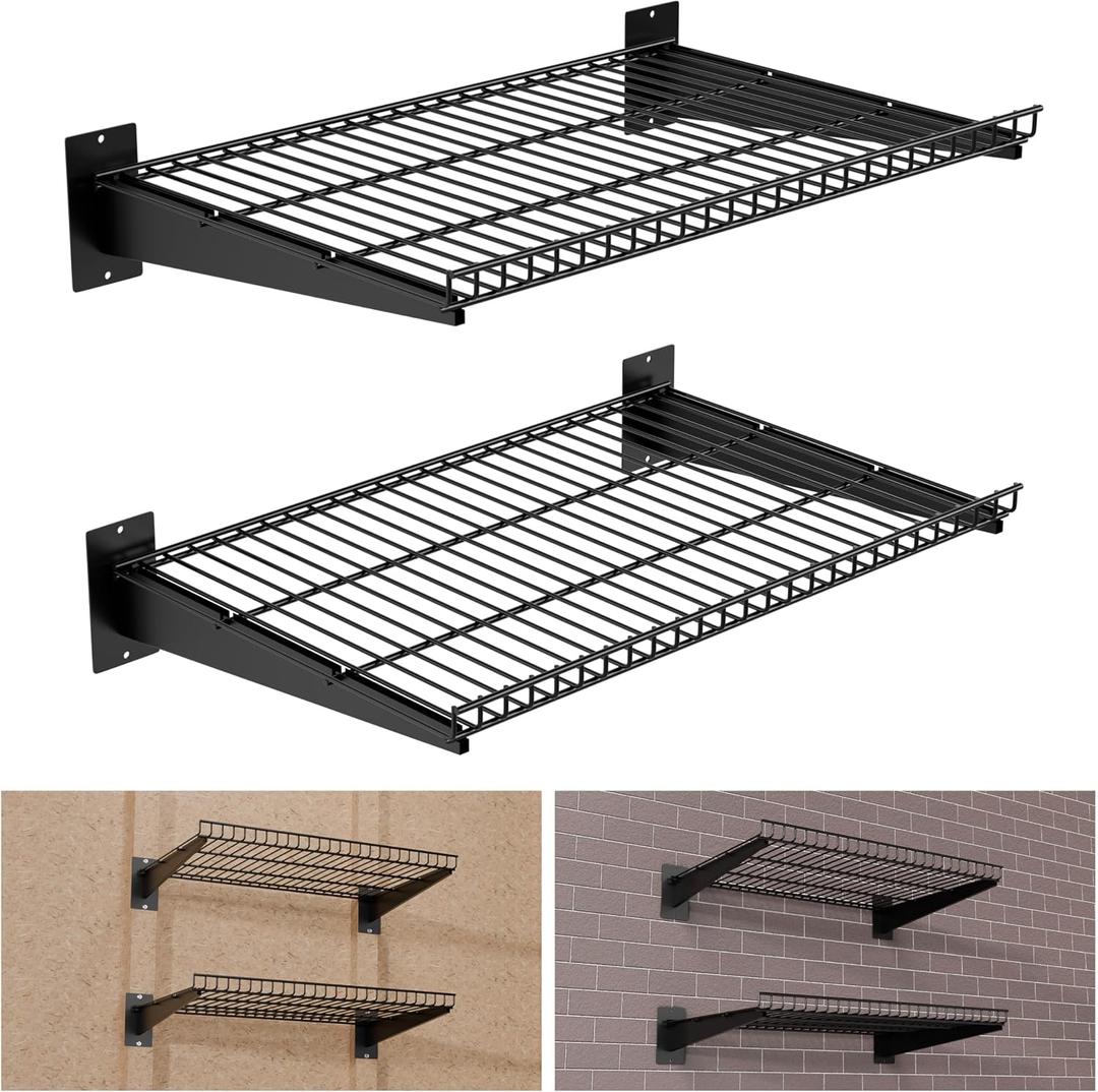 Heavy Duty Garage Wall Shelving 24"x16.5" 2-Pack, Adjustable Shelving Wall Mounted Shelves for Garage, Total 200 lbs Load Capacity, Black