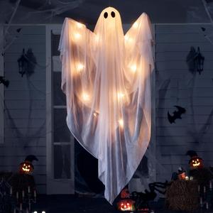 JOYIN Halloween Hanging Light up Ghost with Spooky Warm White LED Light, 47 Halloween Hanging Decoration White Ghosts for Front Yard Patio Lawn Garden Party Decor Indoor Outdoor