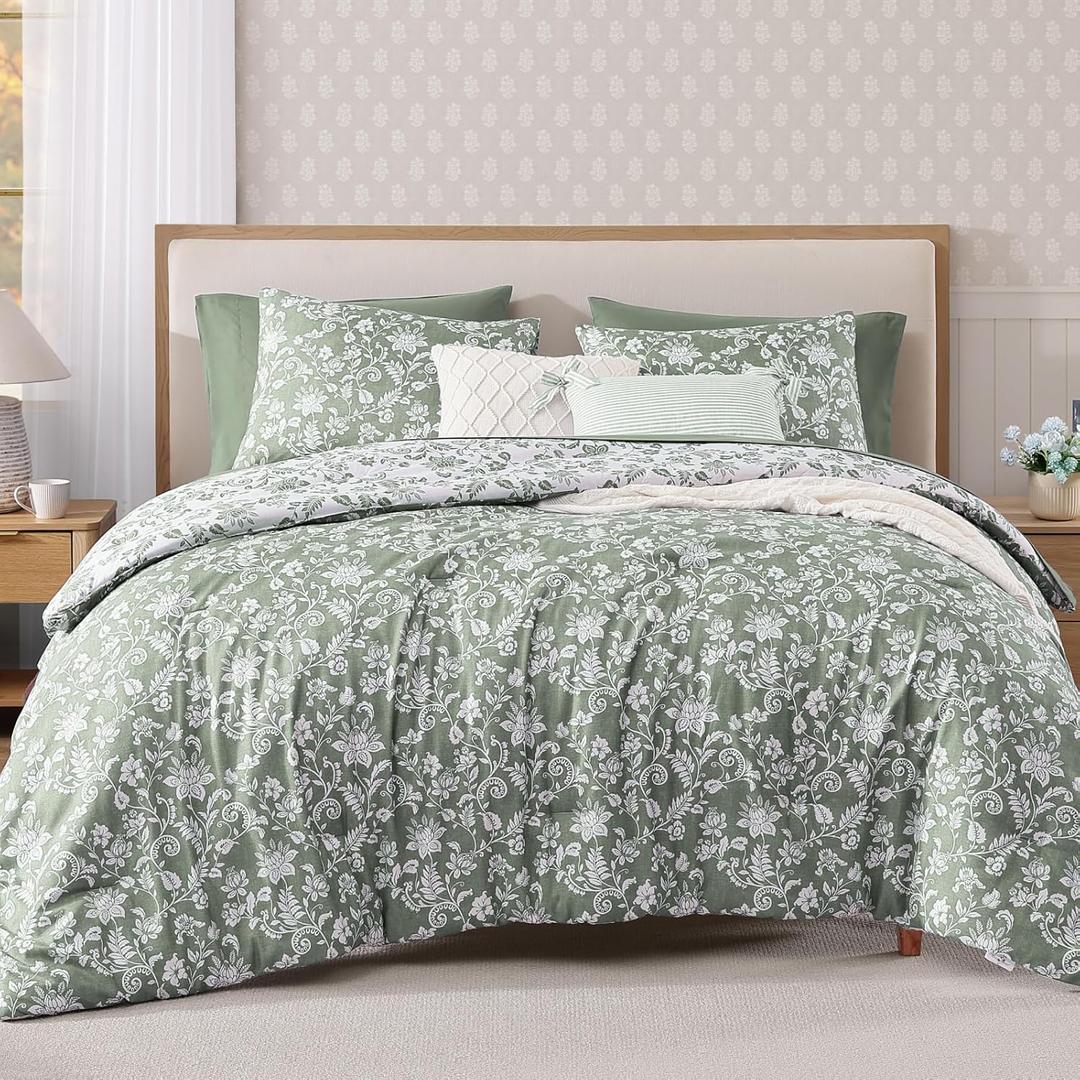 BLOOMHAVEN Full Comforter Set -7 Pieces Floral Grey Green Comforter Set for All Seasons, Bed in a Bag Full with Botanical Flowers Comforter, Sheets, Pillowcases & Shams