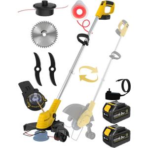 20000 RPM (6.0Ahx2) Electric Weed Wacker,Dual-Durable-Line,Metal Blades,Wheel,4-in-1 Battery Powered Weed Eater Cordless+String Trimmer+Edger Lawn Tool+Brush Cutter,Weed Whacker,Weed Trimmer Lawn
