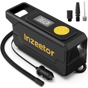 Inzeetor 150 PSI Tire Inflator Portable Air Compressor, 12V DC Auto Shutoff Air Pump with Digital Pressure Gauge and Emergency LED Light for Car Tires, Bicycle & Balloons, Black