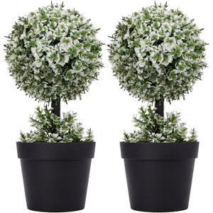 9.8 Inch Faux Topiary Boxwood Plant 2PCS Artificial Topiary Tree Fake Topiaries White Leaves Topiary Grass Balls Bathroom Plants for Home Bedroom Kitchen Office Room Decor