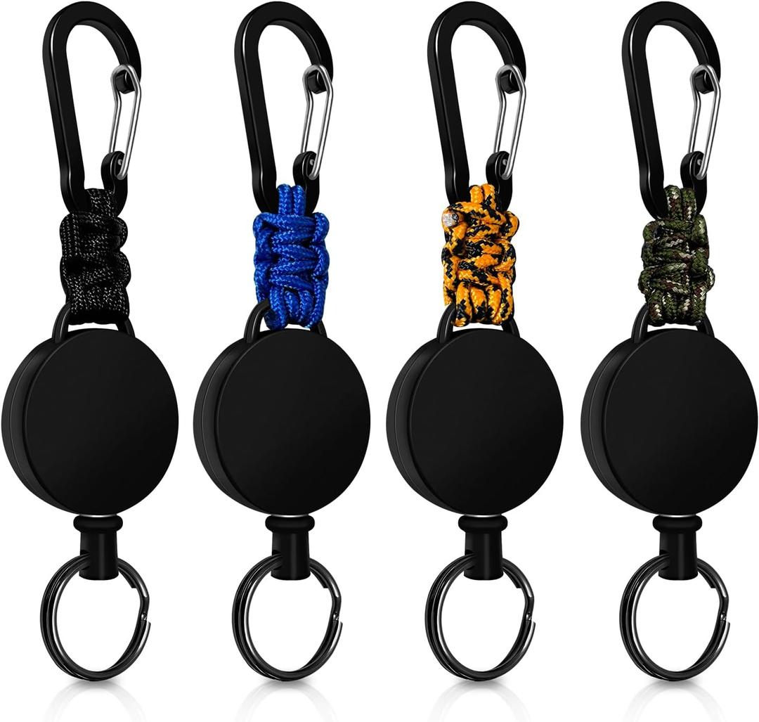 Retractable Keychain 4 Pieces Heavy Duty Carabiner Badge Holder Retractable Badge Reel ID Holder Extendable Key Ring Key Holder (Black + Green + Blue + Orange-Black)