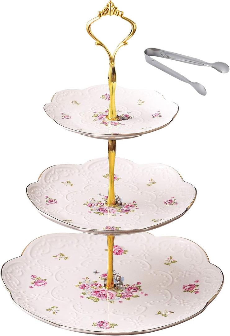 Jusalpha Elegant Embossed 3-tier Ceramic Cake Stand- Cupcake Stand- Tea Party Pastry Serving Platter in Gift Box and a Free Sugar Tong (FL-Stand 03)