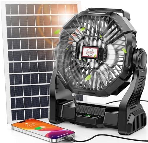 30000mAh Solar Fan with LED Lantern, 10W Solar Panel Rechargeable Battery Powered Camping Fan for Outside, 9 Inch Portable Battery Operated Hurricane Supplies for Picnic, Barbecue, Fishing, Travel