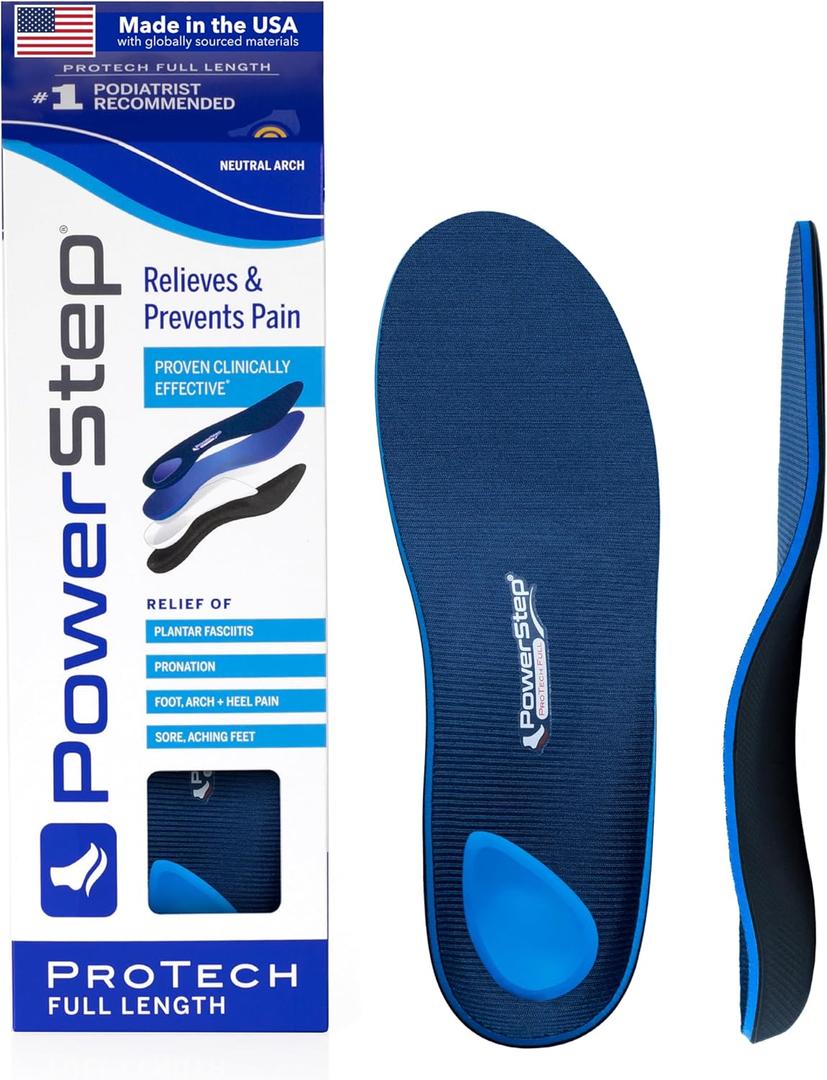PowerStep ProTech Orthotic Insoles - Medical Grade Arch Support Inserts for Plantar Fasciitis Relief - Made in USA - Maximum Cushioning + ShockAbsorb Orthotics (M 6-6.5 W 8-8.5) (Men's 6-6.5 / Women's 8-8.5, White)