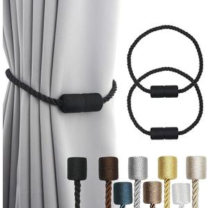 Porlau 2 Pack Beige Strong Magnetic Curtain Tiebacks Outdoor Elegant Decorative Tie Backs Modern Rope Tiebacks for Drapes Window Curtain Holdbacks for Draperies, Black 