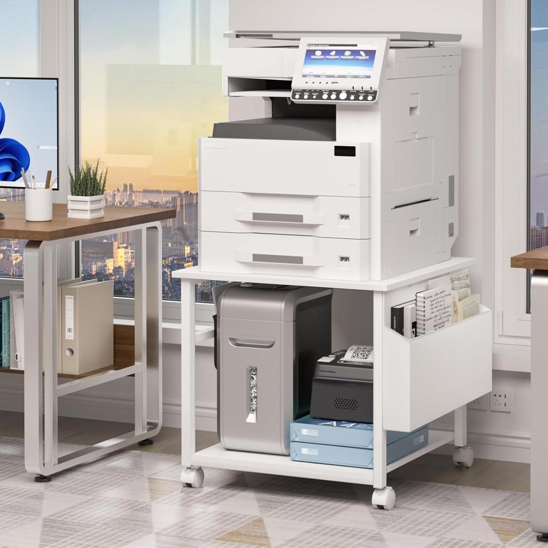 Lerliuo White Large Printer Stand with Storage | 23.6" W x 23.6" D x 22.8" H Printer Table for Home Office, Rolling Printer Cart Holder with Lockable Wheels & Side Pocket 