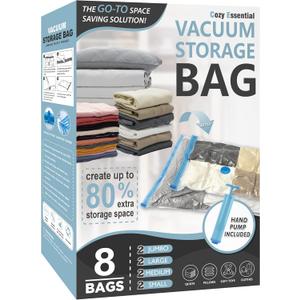 8 Pack Vacuum Storage Bags, Space Saver Bags (2 Jumbo/2 Large/2 Medium/2 Small) Compression Storage Bags for Comforters and Blankets, Vacuum Sealer Bags for Clothes Storage, Hand Pump Included