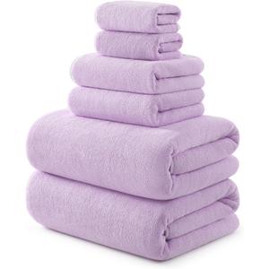 REDKISS Soft Bath Towel Set 6-Piece, 2 Bath Sheets, 2 Hand Towels, 2 Washcloths, Quick-Drying Coral Fleece Microfiber, Luxury Purple Towels for Bathroom, Spa & Hotel