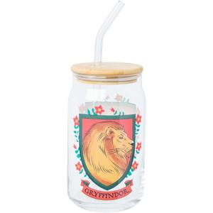Silver Buffalo Harry Potter Hogwarts Gryffindor House Crest Glass Jar Tumbler with Bamboo Lid and Glass Straw, 16 Ounces