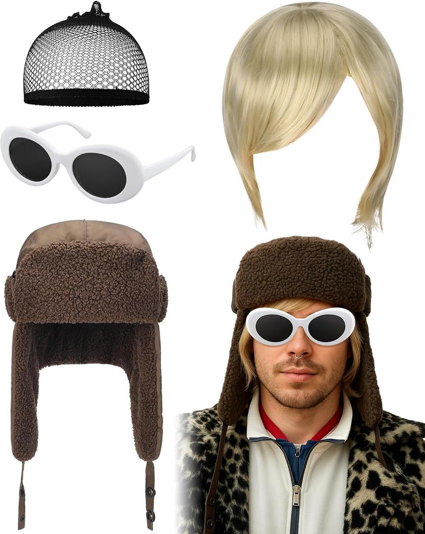 3 Pcs Halloween Vintage Grunge Rock Accessories Include Blonde Wig, White Oval Clout Sunglass and Ear Flap Trapper Hat - 90s Rock Music Star Costume Outfit