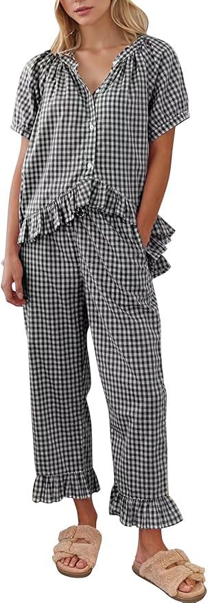 COZYPOIN Womens Gingham Pajama Set 2 Piece Plaid Cotton PJs Cute Ruffle Sleepwear Maternity Bridesmaid Pajamas Loungewear Size XXL