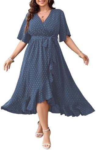SCOMCHIC Women's Plus Size Summer Dresses Short Sleeve Wrap V Neck Swiss Dot Boho High Low Split Ruffle Maxi Dress 3XL
