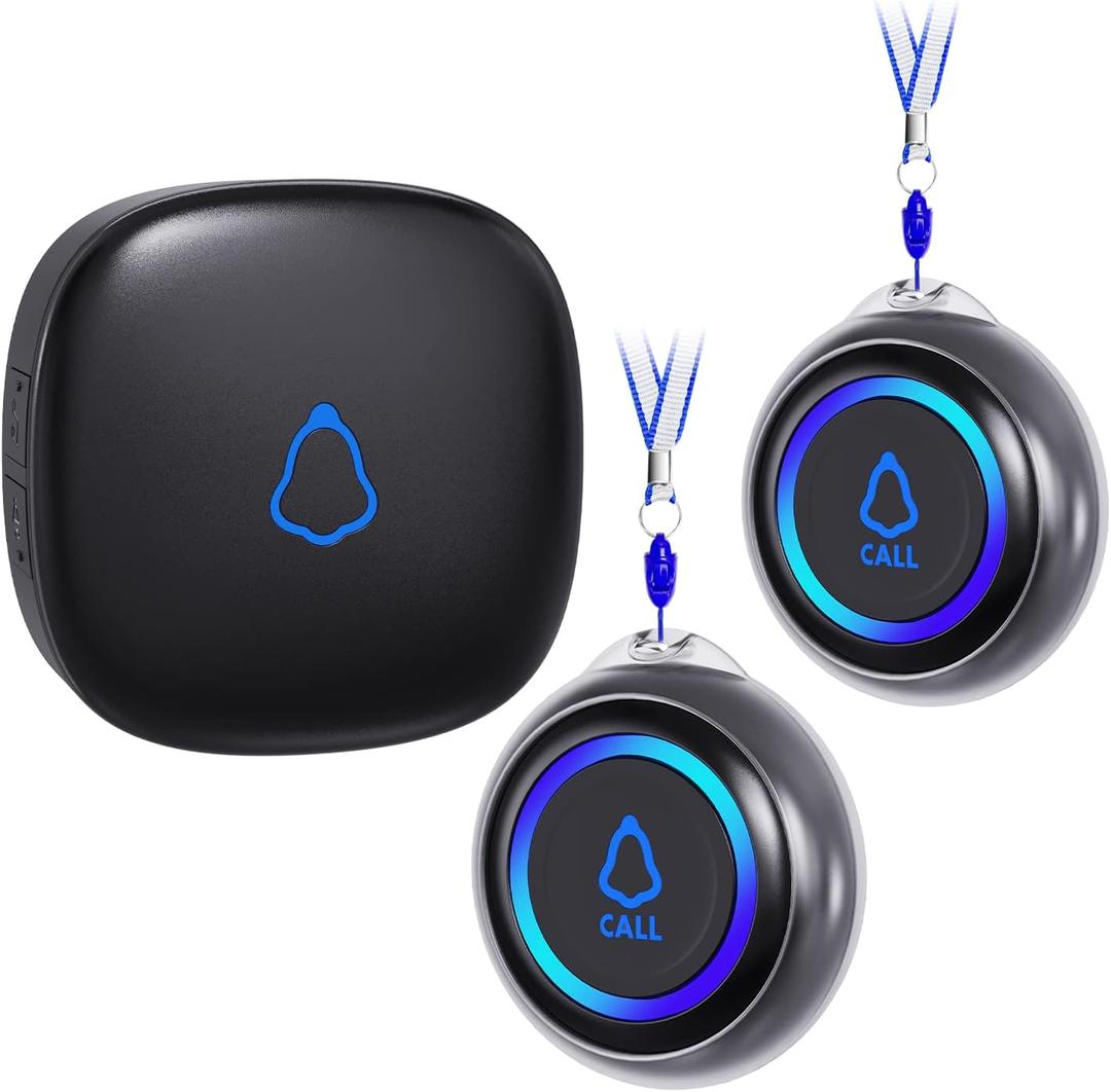 Caregiver Pager, Wireless Call Button for Seniors/Elderly at Home, 2 SOS Buttons + 1 Receiver Medical Life Alert System, Emergency Panic Call Bell, Nurse Calling & Patient Assistance Alarm (Black)
