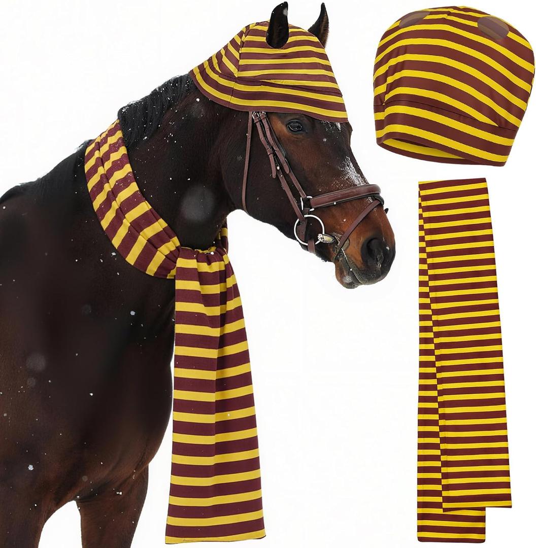 Paterr 2 Pcs Halloween Horse Scarf Hat Outfits Accessory Striped Scarf Hat for Horse Parade and Parties Costume Accessories (Red, Gold)
