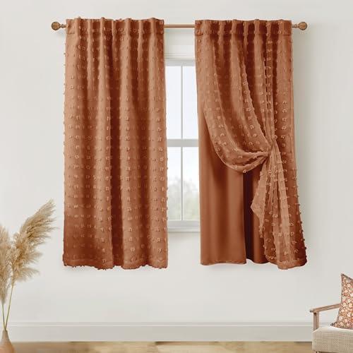 Rustic Retro Black Out Curtains 63 Inch Long for Bedroom Windows, Room Darkening Boho Terracotta Fun Pattern Funky Blackout Lined with Sheer Curtains 63 Inch Length for Living Room 2 Panels Set, 50 x 63
