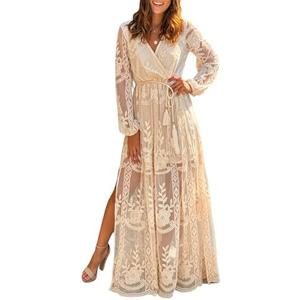 MERMAID'S CLOSET Women's V Neck Floral Lace Maxi Wedding Dress Long Sleeve Flowy Formal Party Dress Fall Spring Large