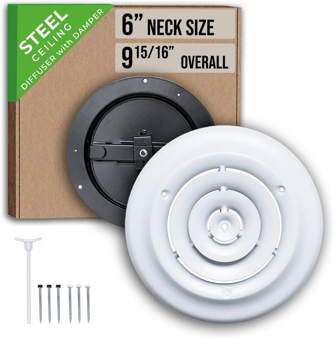 Fits 6 Inch Neck Air Duct | Steel Round Air Supply Diffuser for Ceiling by Handua | 6" Neck Steel Butterfly Damper&Handle Included | Round Diffuser Vent Cover | White | Outer Dimension: 9-15/16"