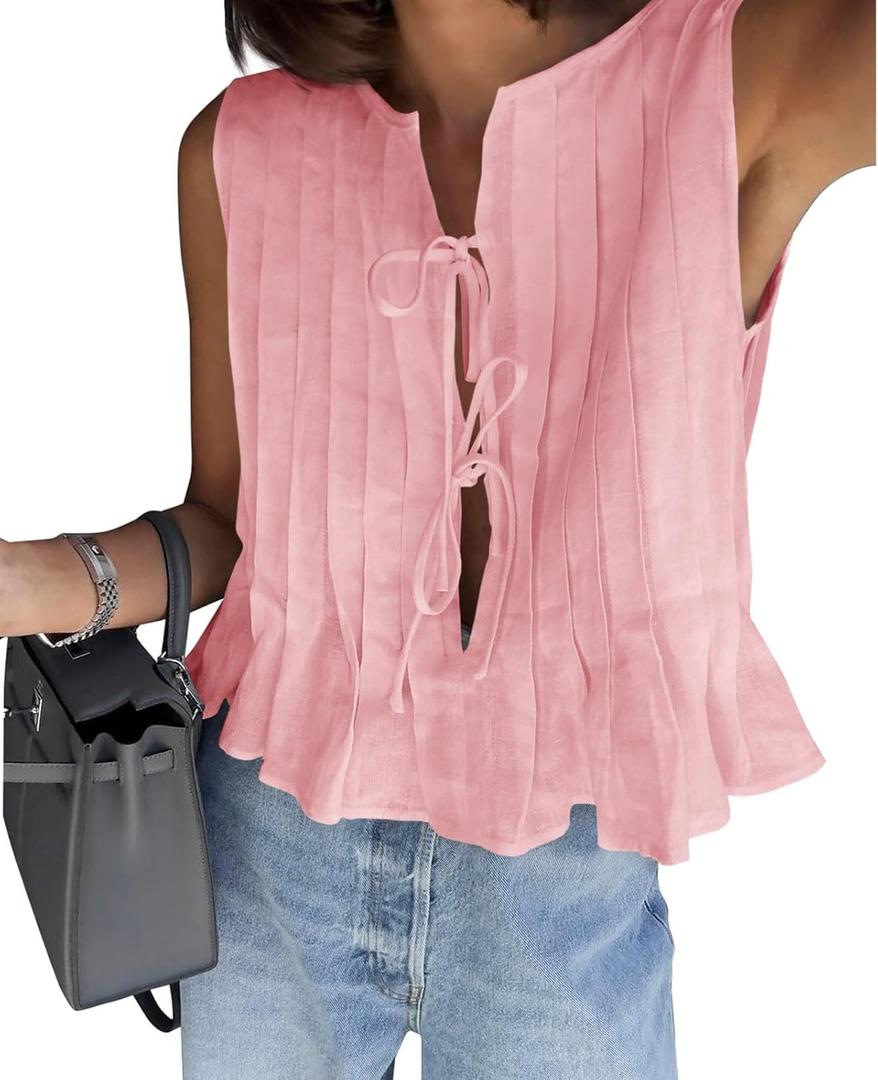 Cicy Bell Womens Bow Front Tie Tank Tops Pleated Babydoll Top Sleeveless Cute Coquette Shirt Summer Outfits (Pink, XL)
