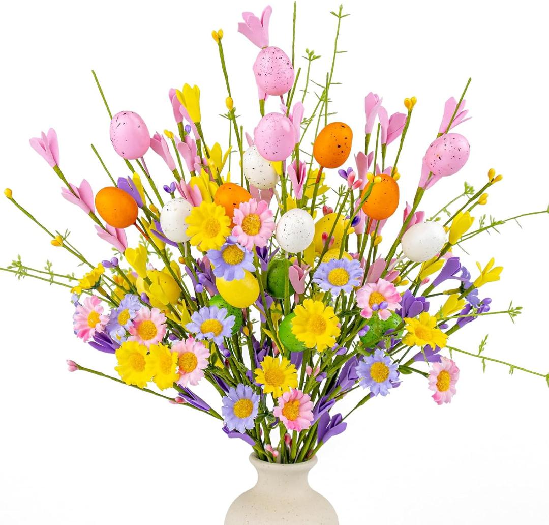 FloralElegance Artificial Easter Flowers with Eggs 10 Pack Easter Floral Picks 17 Inch Forsythia Flowers with Colorful Eggs for Springtime Holidays Vases Flower Arrangements Centerpieces