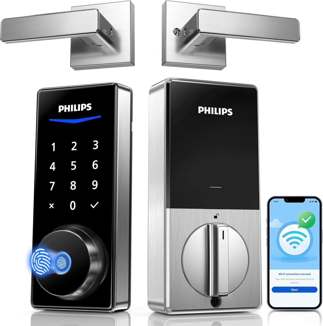 Philips Wi-Fi Smart Lock with Handles, WiFi Keyless Entry Front Door Lock Set, Keypad Deadbolt with Handle App Fingerprint Code Unlocking, Auto Locking, Built-in WiFi, Remote Control & Voice Unlock