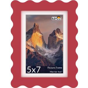 5x7 Wavy Picture Frame with Mat for 4x6, Real Glass and Wooden Frame - Tabletop or Wall Hanging Photo Frame(1 Pack, Red)