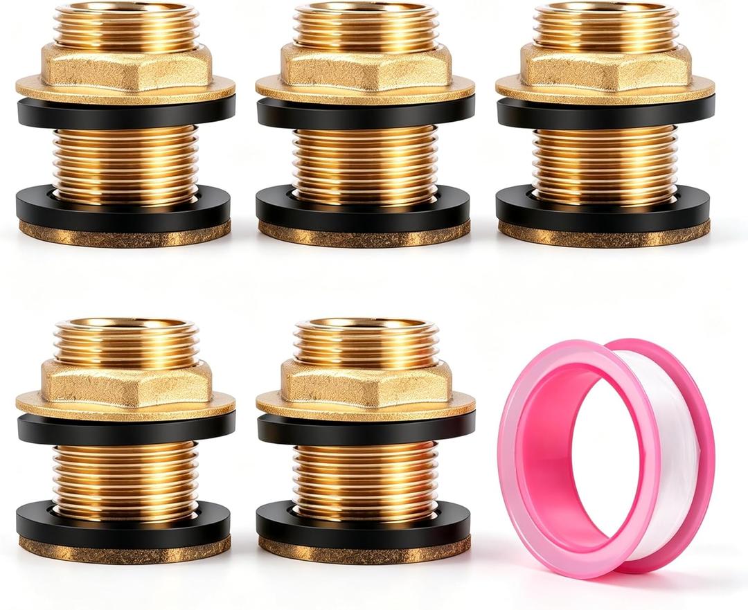 5 Pack Brass Bulkhead Fitting, 1/2'' NPT Female 3/4'' GHT Male Water Tank Connector Garden Hose Theaded for Rain Barrels, Aquariums, Water Tanks (with Rubber Ring and Packaging Tape)