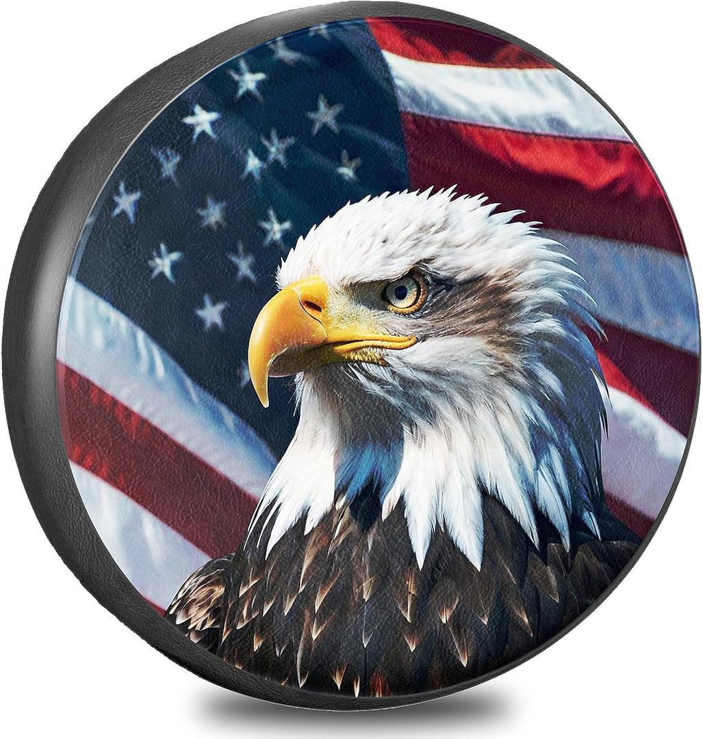 RV Spare Tire Cover with American Eagle USA Flag, Trailer Tire Covers PVC Leather for Truck SUV Wrangler Camper Vehicle Wheel Cover Waterproof Sun Dust Protection 17 inch