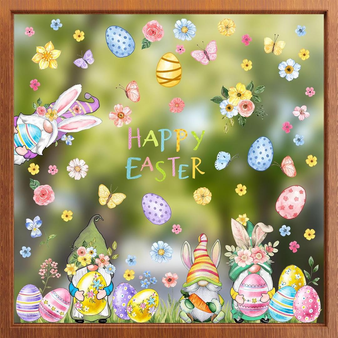 2 x ZAWE 9 Sheets Happy Easter Gnomes Bunny Ears Eggs Flowers Easter Window Clings Double-Sided Reusable Static Window Decals Stickers for Party Home Classroom Office Decorations