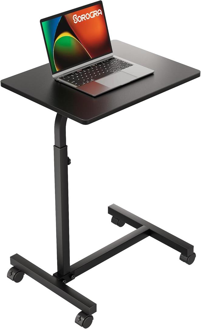 Overbed Table with Adjustable Height, Small Bedside Table with Wheels for Bed and Couch, Rolling Desk for Eating and Working, Black