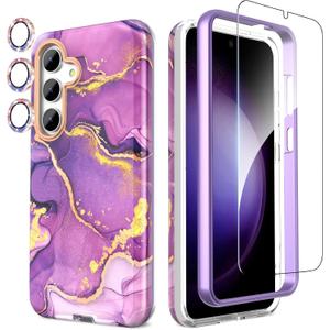 SHEDEER for Samsung Galaxy S24 Case with Glitter Camera Protector & Screen Protector, Samsung S24 Case Chic Anti-Yellowing Pattern, Shockproof Drop Protection Phone Cover S24 6.2'', Crystal Purple