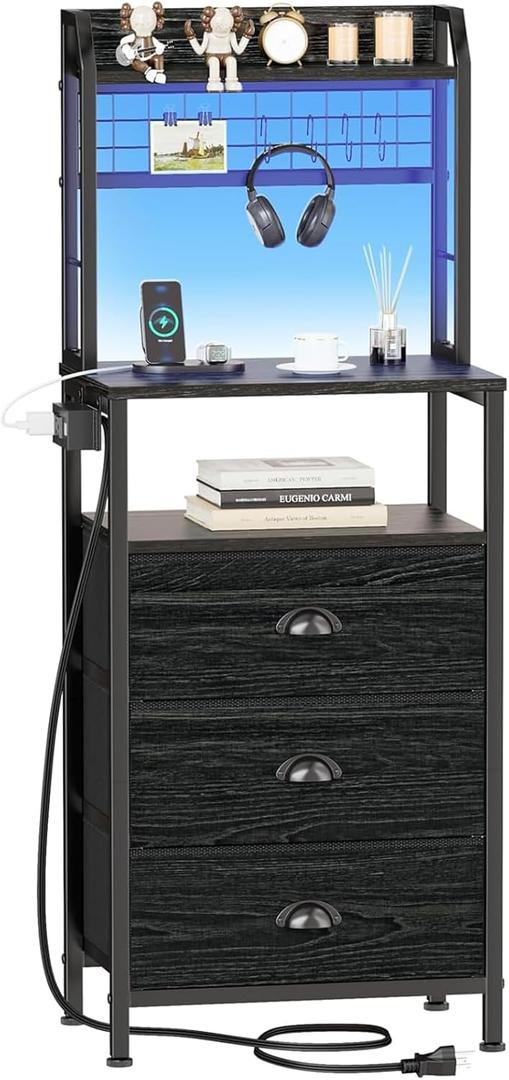 Furologee 44'' Tall Nightstand with Charging Station, Bedside Table with LED Lights, End Table with 3 Drawers and Storage Shelves, Night Stand with Pegboard for Bedroom, Black Oak