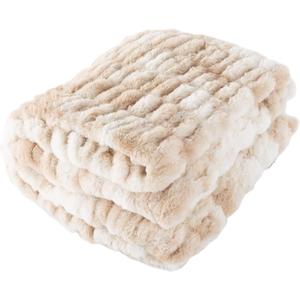 Oversized Ruched Faux Fur Blanket - 60x80-Inch Jacquard Faux Fur Queen-Size Throw for Sofas and Beds - Luxurious Bedding by Lavish Home (Cream)